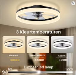 Lichtendirect Plafondventilator met Verlichting – Zwart – 6 Standen – Dimbaar 3000K-6500K – App & Afstandsbediening – Ventilator Lamp – Plafondlamp met Ventilator — thumbnail 5