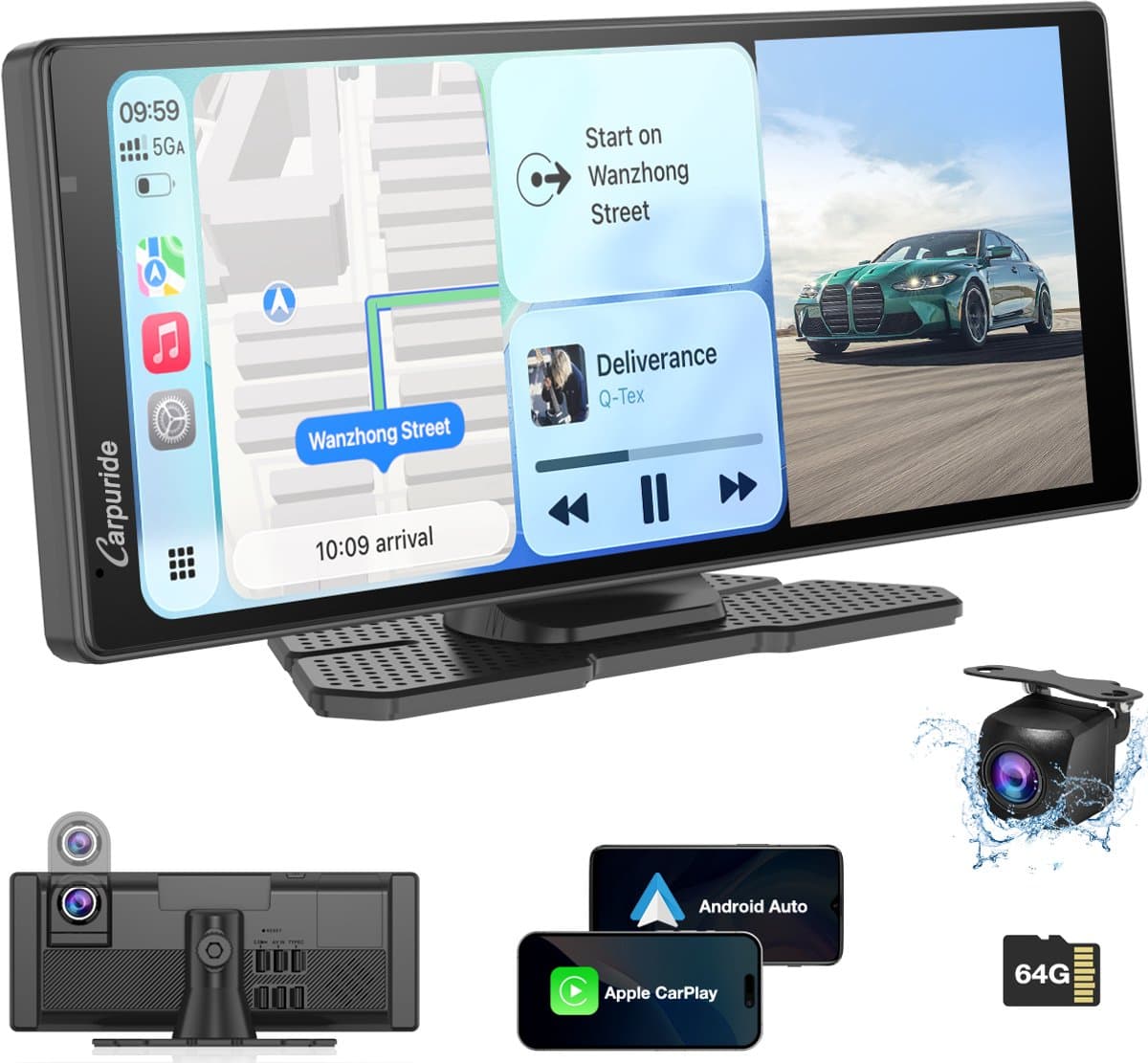Carpuride W904 10,26" CarPlay-scherm met dashcam, 4K-camera aan de voorkant en 1080p-camera aan de achterkant, lusopname, Bluetooth, Siri/Google — afbeelding 1