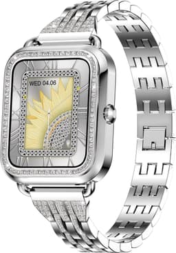 Knobbout Luxe 1,59" Scherm Dames Smartwatch met Kristallen – Bluetooth Bellen, AI Spraakassistent, 21 Sportmodi, Hartslag/Bloeddruk/SpO₂, IP67 Waterdicht, Slaapmonitoring, Berichtmeldingen, Muziek & Camerabediening – 210mAh-Zilver stalen band — thumbnail 1