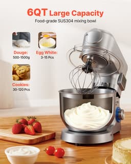 Standmixer met Een Capaciteit van 5,7 L, 1500 W Elektrische Keukenmixer, 6+P Snelheden, Kantelbaar Ontwerp, Inclusief 1,5 L Blenderbeker, Roestvrijstalen Kom, Deeghaak, Garde en Klopper voor Bakken en Mixen, Zilver — thumbnail 5