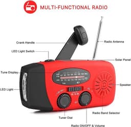Draagbare noodradio - Powerbank 2000 mAh - Zaklamp - Solar opwindbaar - SOS alarm - USB-C kabel - Noodpakket - Kunststof - rood — thumbnail 4
