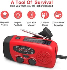 Draagbare noodradio - Powerbank 2000 mAh - Zaklamp - Solar opwindbaar - SOS alarm - USB-C kabel - Noodpakket - Kunststof - rood — thumbnail 3