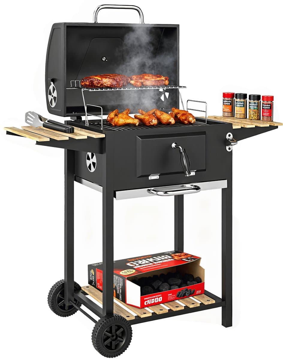 Outsunny-Holzkohlegrill-Edelstahl, Kiefernholz-112L x 58B x 107H cm-Schwarz — afbeelding 1