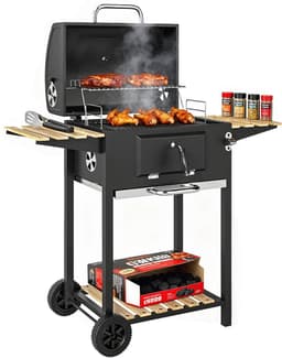 Outsunny-Holzkohlegrill-Edelstahl, Kiefernholz-112L x 58B x 107H cm-Schwarz — thumbnail 1