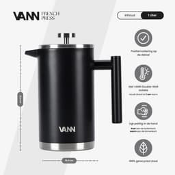 VANN® RVS French Press 1 liter voor koffie en thee – Cafetiere Isoleerkan – Dubbelwandig – Koffie maker – Zwart — thumbnail 2