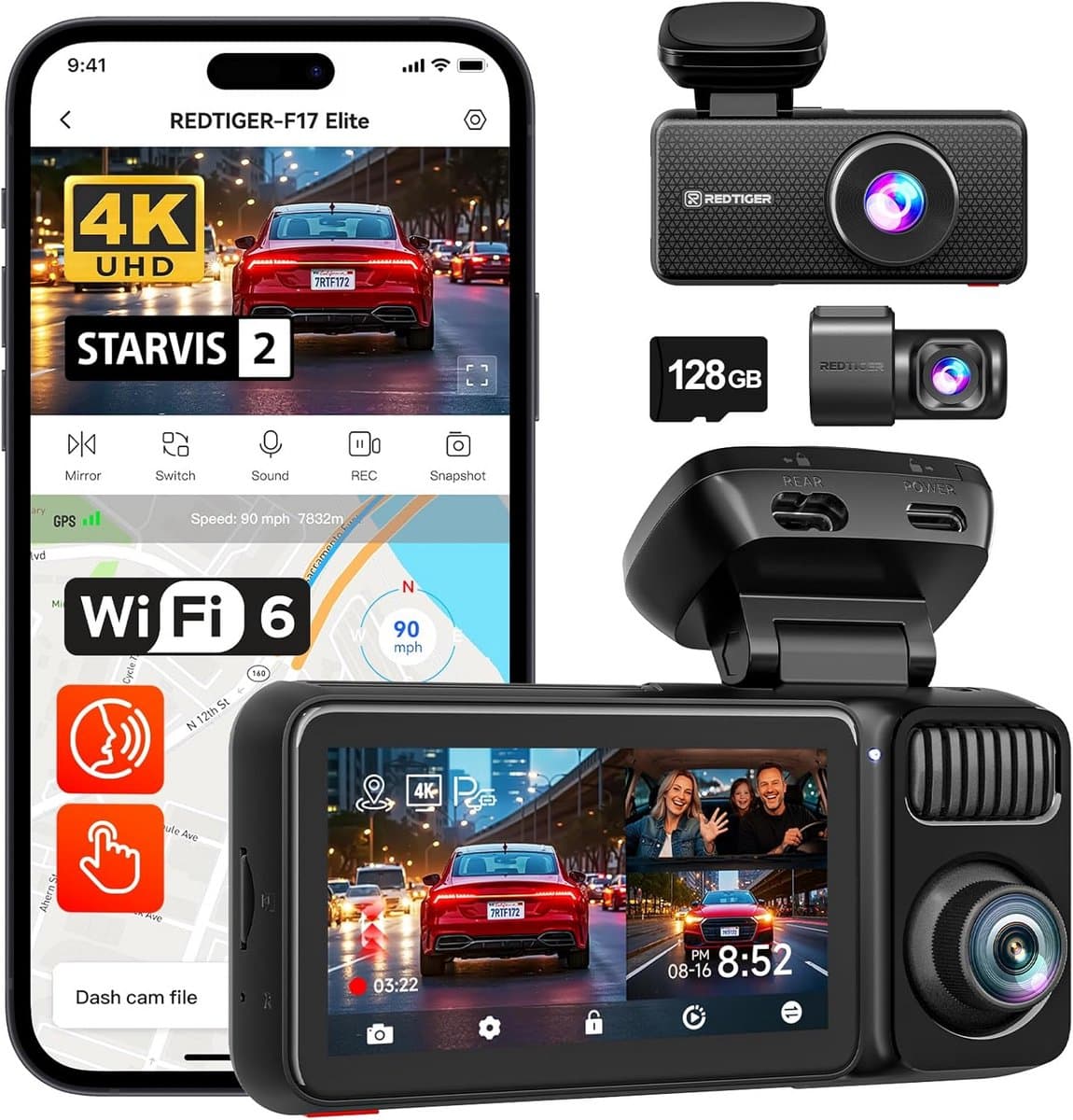 Dashcam 4K met 3 Kanalen, Nachtzicht, GPS en WiFi — afbeelding 1