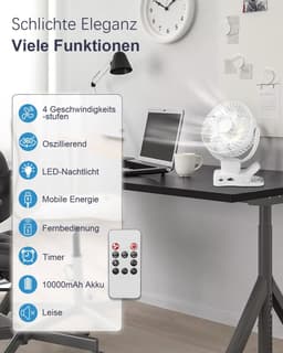 Draagbare 360° Oscillatie Clipventilator met Afstandsbediening - USB Tafelventilator met 10.000 mAh Accu en 4 Snelheden — thumbnail 5