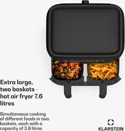 Klarstein heteluchtfriteuse, airfryer met 2 kamers, 1850 W compacte heteluchtfriteuse, 7,6 L luchtfriteuse met touch bediening, timer, voorverwarmen, 6 modi, grote heteluchtfriteuse, air fryer XL — thumbnail 5