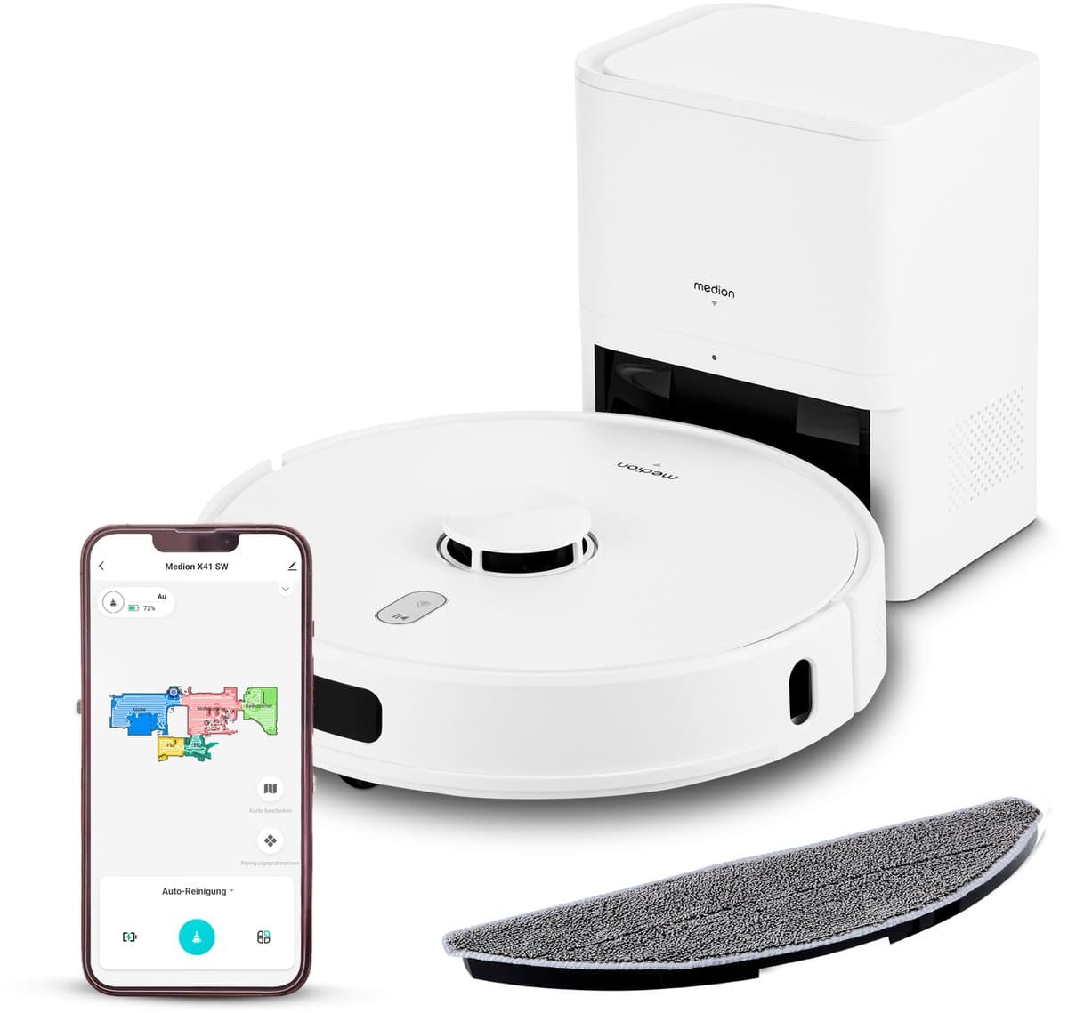 MEDION robotstofzuiger met zuigstation, lasernavigatie en wisfunctie X41 SW+ (krachtige 8000Pa zuigkracht, 2in1 robotstofzuiger, nauwkeurig in kaart brengen, Go & No Go zones, meerdere vloeren) — afbeelding 1