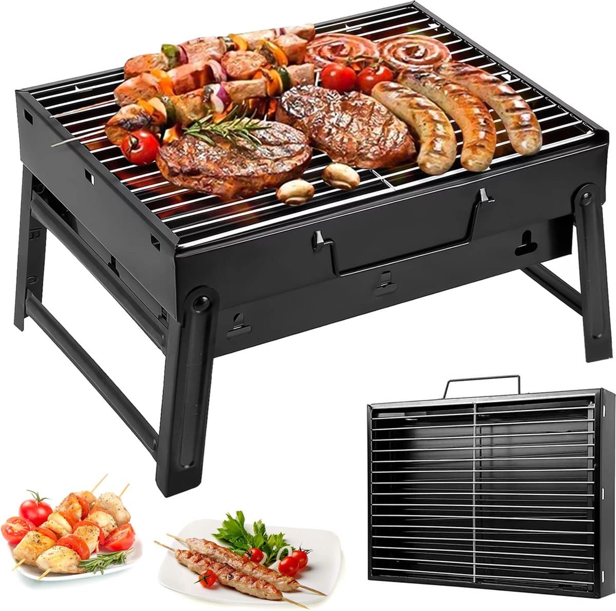 Uten Opvouwbare mini bbq houtskool - barbecue houtskool - Houtskoolbarbecues - Camping barbecues- Barbeque - Grilloppervlak (L x B) 35 x 27 cm - Zwart — afbeelding 1