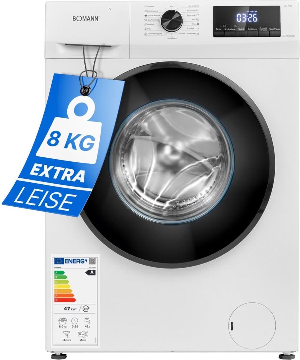 Bomann WA 7185 W Wasmachine - 8KG - 1400 toeren - 15 programma's - Stoomfunctie - Energieklasse A - 10 jaar motorgarantie — afbeelding 1