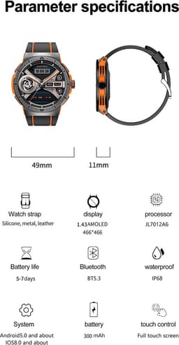 WizBay Premium Select® 1,43 Inch AMOLED Sport Smartwatch Zwart Oranje - Bluetooth Bellen - Hartslag Bloeddruk Zuurstof - IP68 Waterdicht - 100+ Sportstanden - 466x466 — thumbnail 2