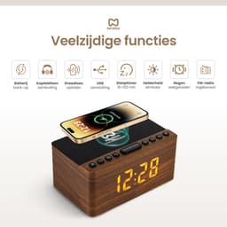 Neveda Digitale Wekkerradio Met Draadloze Oplader Telefoon - Wekkers digitaal op netstroom - Klokradio Slaapkamer - Voor kinderen & Volwassenen - Bruin hout — thumbnail 5