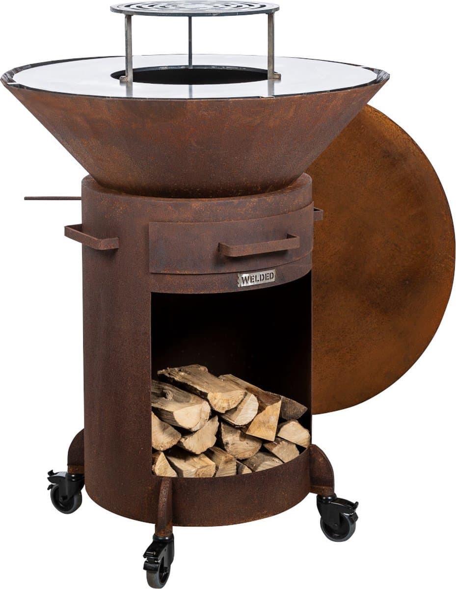 WELDED BARREL 800 Barbecue Vuurschaal - bbq cortenstaal - houtgestookt - standaard met wielen, aslade, stookrooster - regelbare luchttoevoer onder in vuurschaal waardoor veel minder last van rook — afbeelding 1