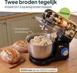 Vivid Green 2000W Keukenrobot - 6.2L - Mixer met Mengkom - Keukenmachine - Keukenmixer - Zwart — thumbnail 4