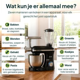 Vivid Green 2000W Keukenrobot - 6.2L - Alles-in-een Keukenmixer - Mixer met Mengkom - Keukenmachine - Gehaktmolen en Blender- Pastamachine – Zwart — thumbnail 3