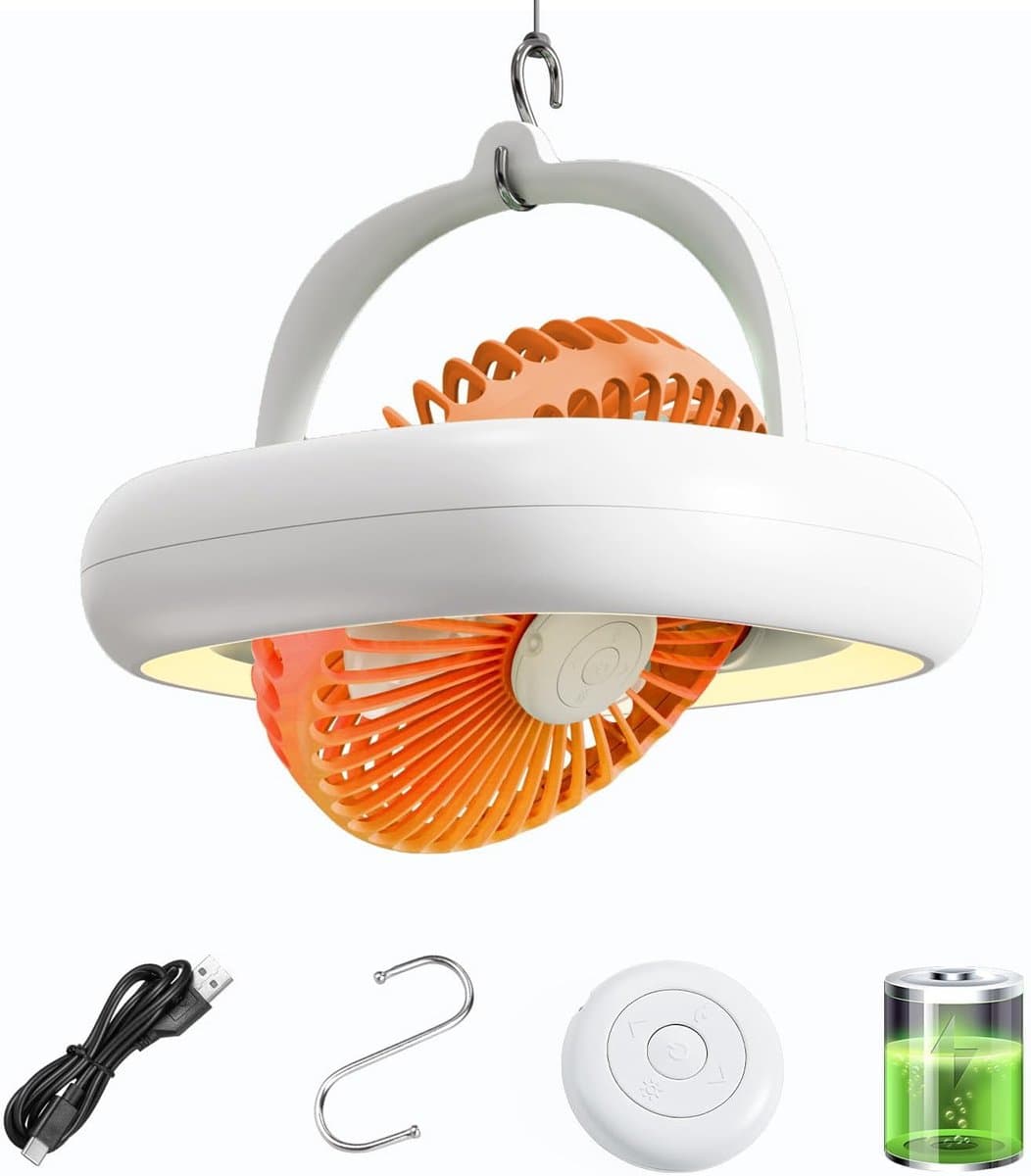 Draagbare Plafondventilator en Wandventilator met Afstandsbediening - Oplaadbare Bureauventilator met 4000mAh Accu en Verlichting - Automatisch Oscillerende Mini Ventilator voor Camping, Camper en Slaapzaal — afbeelding 1