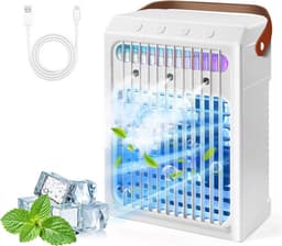 Witte Draagbare Luchtkoeler - 900ML Watertank - 3 Snelheden - 2/4/6H Timer - 7-Kleurig Nachtlicht - Stille Verdampingskoeling - Geschikt voor Slaapkamer, Kantoor, Bureau en Tent — thumbnail 1