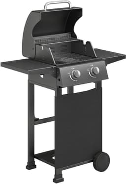 Gasbarbecue - Gasbarbecue en grill - 2 Branders - 5,4 kW - Grillwagen - met Grillrooster, Wielen, Inklapbaar Bijzettafels, Drukregelaar, Slangen, Thermometer en Warmhoudplaten - 95 x 53 x 111.5 cm - Zwart — thumbnail 1