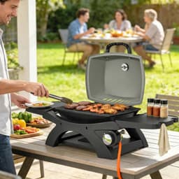 Draagbare Gasbarbecue - Inklapbaar Gasbarbecue en grill - 1 Branders - 3,3 kW - Grillwagen - Barbecuewagen - met Grillrooster, Bijzettafels, Vetopvangbak, Thermometer & Deksel - 102 x 48 x 38 cm - Zwart + Grijs — thumbnail 4
