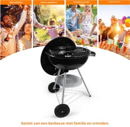 Kogelbarbecue, houtskoolgrill met porselein geëmailleerd deksel en ketel, ronde kolengrill met driepoot-landen en wielen, zwart, 51 x 46,5 x 78 cm — thumbnail 4