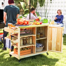 Buitenkeuken op Wielen – BBQ Trolley – Met Opbergkast & Planken – Werktafel voor Buiten – Hout & Metaal – Multifunctioneel – Natuurlijk hout — thumbnail 2