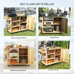 Buitenkeuken op Wielen – BBQ Trolley – Met Opbergkast & Planken – Werktafel voor Buiten – Hout & Metaal – Multifunctioneel – Natuurlijk hout — thumbnail 4