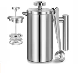 Franse koffiepers van 1 liter (34 oz), dubbelwandig roestvrij staal, met 3 filters en een schoonmaakborstel; geïsoleerde theemaker (350 ml) voor thuis, kamperen en reizen. — thumbnail 1