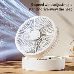 Ulisem - Staande ventilator - 5 snelheden - 1800mAh oplaadbaar - Met make-upspiegel en verlichting - Ingebouwde timer - Opvouwbaar en draagbaar - Voor slaapkamer en kantoor - Wit — thumbnail 2