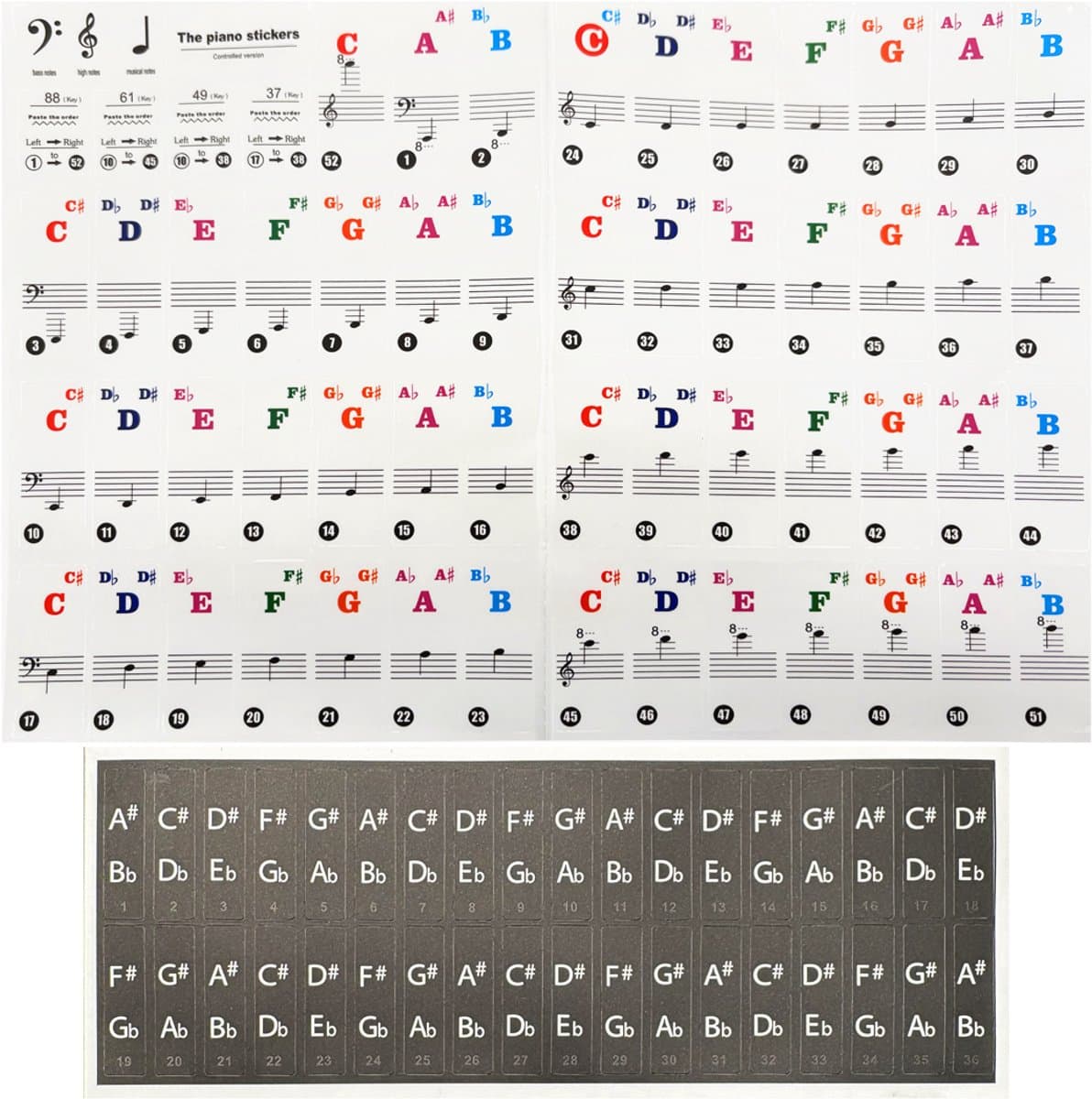 Purepeak Piano Toetsenbord Stickers - Keyboard Stickers - 37/49/54/61/88 - Kleur - Zwart-Wit - Plakletters - Plakcijfers — afbeelding 1