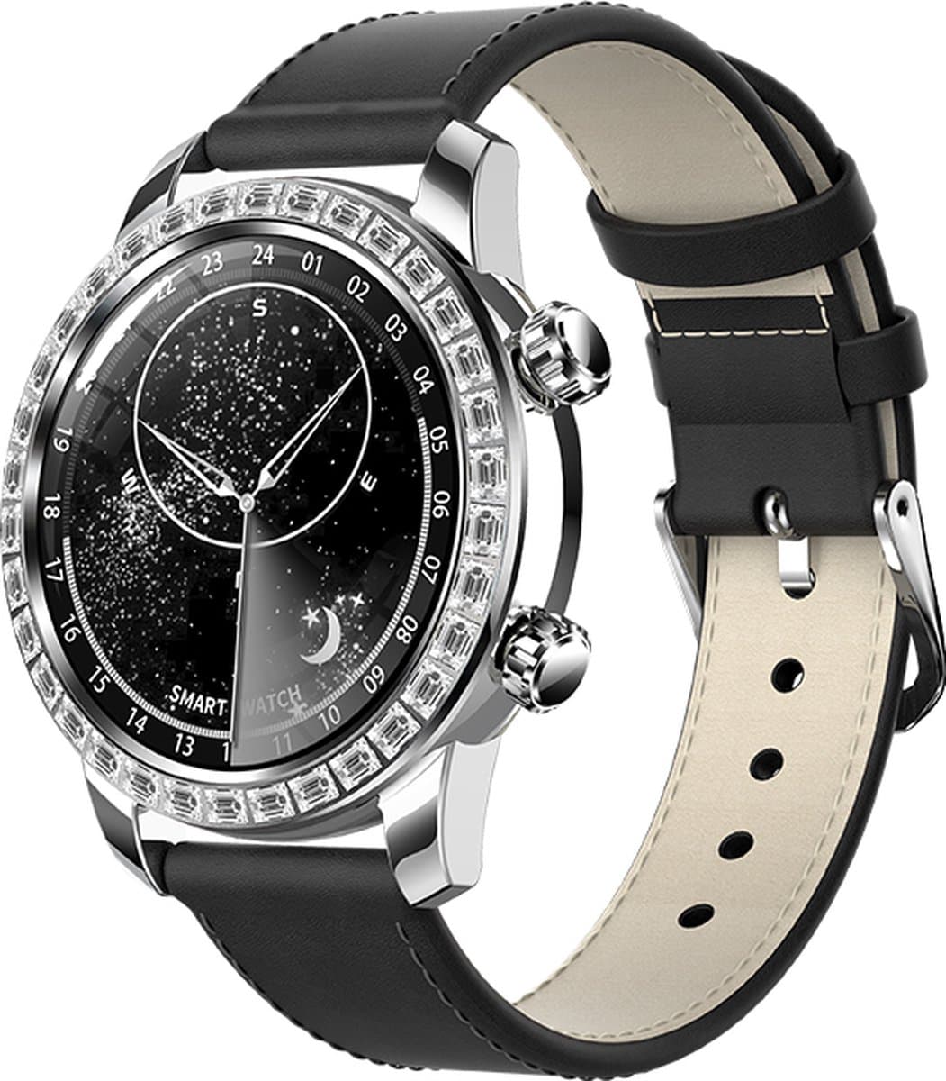 WizBay Premium Select® Smartwatch 1.52 Inch AMOLED - Bellen - Wireless Charging - Kompas - Hartslag O2 en Bloeddruk - Multi Sport - Zilver - Zwart Lederen Band extra Zwarte TPU Band — afbeelding 1