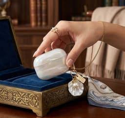 Transparant parelmoer hoesje voor oordopjes dames met schelp patroon en decoratieve hanger geschikt voor AirPods Pro 2 met iriserende afwerking en clip — thumbnail 3