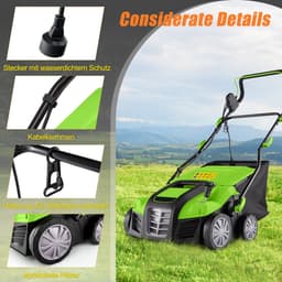 COSTWAY Elektrische verticuteermachine en gazonventilator, 41 cm, 15 A 2-in-1 verticuteermachine met 3 standen hoogteverstelling en 5 niveaus werkdiepte, inklapbare GEH-gazonventilator met 55 l — thumbnail 2