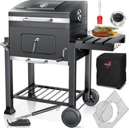 KESSER® Houtskoolbarbecue XL Barbeque Houtskool met Deksel, Wielen, Afdekkap, Roestvrij Stalen Handvat, Barbecuerooster en Thermometer, 8 Spiesen met Zakje & siliconen Borstel, grote BBQ Camping Terras Tuin — thumbnail 5
