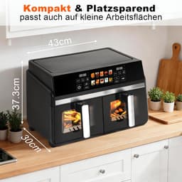 NETTLIFE Dubbele Kamer Heißluftfritteuse 10L (5+5L) – Dual Zone Airfryer met Venster – SYNC & DUAL Functie – 2200W Touchscreen – 24h Timer – Vaatwasserbestendig – Zwart — thumbnail 4