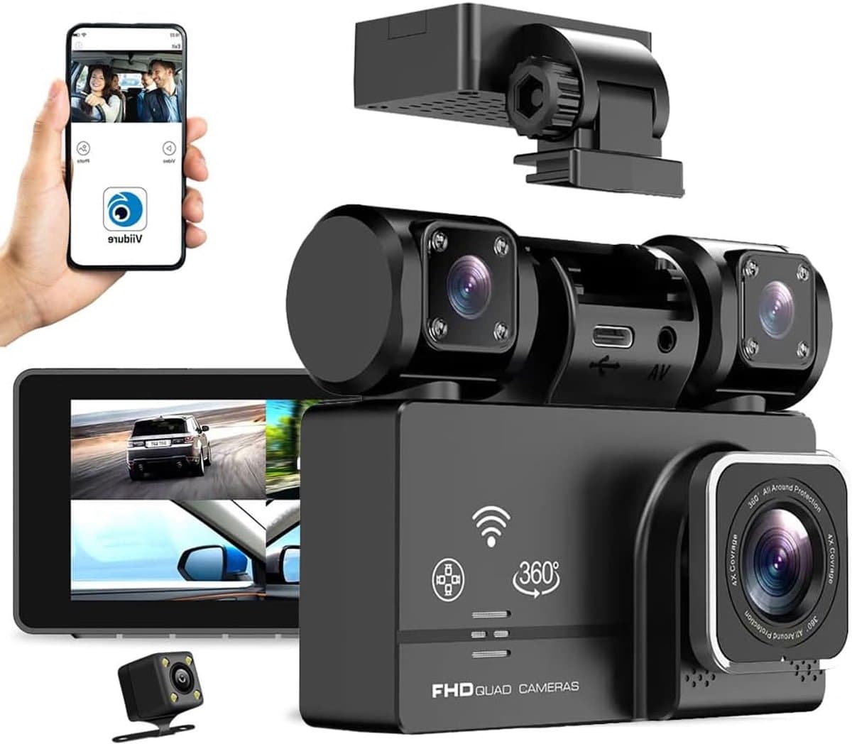 4-kanaals wifi-dashcam voor in de auto, 360-graden panoramische bescherming met WDR, 1080p HD-camera's voor en achter, draaibare lens, infrarood nachtzicht, videorecorder — afbeelding 1