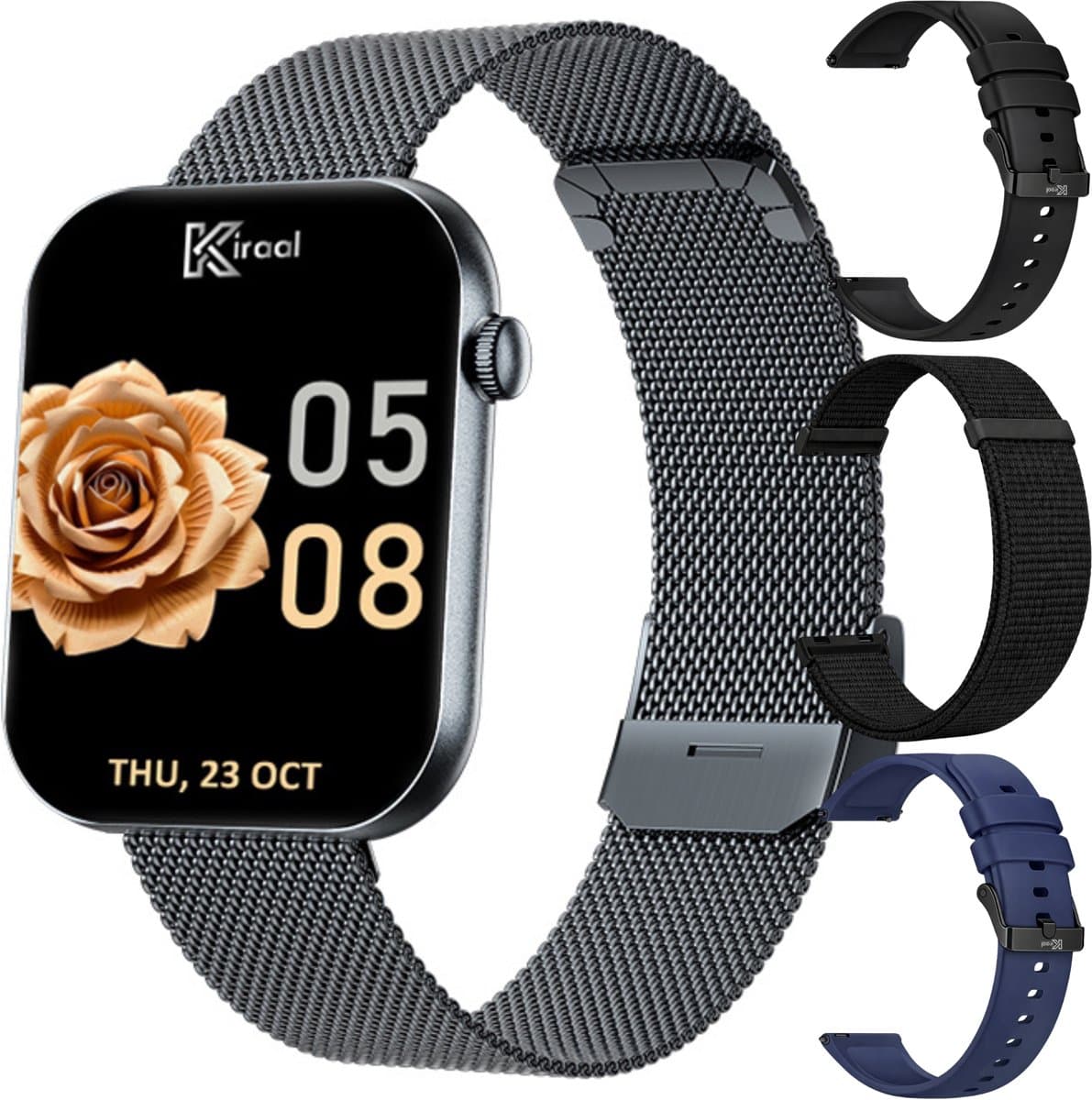 Kiraal Aura AMOLED Smartwatch voor Dames – 4 Bandjes (RVS, Nylon & 2x Siliconen) – Hartslagmeter – Stappenteller – Slaapmonitor – Multisport – Compatibel met Android & iOS – Zwart en Blauw — afbeelding 1