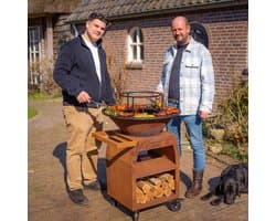 RJRoyal Living BBQ Plancha Grill Maestro Ø70cm Cortenstaal - Met Grote wielen en houtopslag vuurschaal