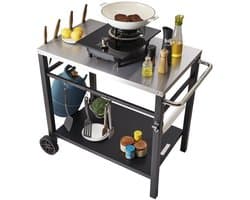 BBQ Werktafel – Barbecue Tafel – Grilltafel – Buitenkeuken Trolley – Werkbank Buiten – Roestvrijstalen Blad – Dubbele Plank – 85x55 cm – Verrijdbaar Met 2 Wielen