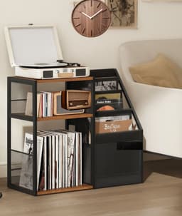Signature Home LP Opbergsysteem – Vinyl Opbergkast - Platenrek – Platenspeler Meubel met Opbergruimte – LP Kast voor ±140 Platen – Platenspeler Standaard – Hout Metaal – Bruin Zwart – 30x81x69 cm — thumbnail 5