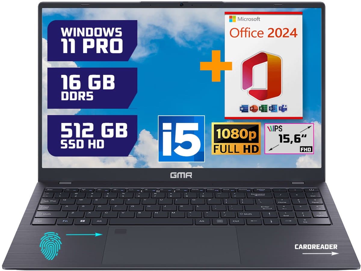 GMR - 15.6 Inch Full HD Laptop - Intel Core i5 - 16GB DDR5 RAM - 512GB SSD - Office 2024 - Windows 11 Pro voor Thuis, Office en Studie notebook — afbeelding 1