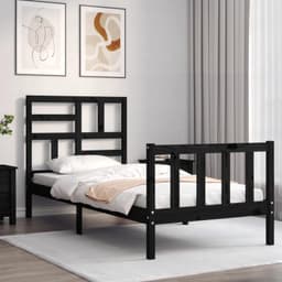 Bedframe 2FT6 Small Single Familiekbed, massief houten bed met hoofdeinde, zwart — thumbnail 2