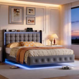 Bedframe 140 x 200 met LED, hoofdeinde met plank en USB/Type-C-poorten, metalen frame en latten, fluwelen bekleding (grijs, 140 x 200 cm) — thumbnail 1