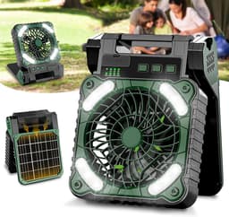Ventilator met zonnepaneel, 10400 mAh, oplaadbare campingventilator, werkt op batterijen, draagbaar, met ledlampen, 4 snelheden, stille tafelventilator voor op reis — thumbnail 1