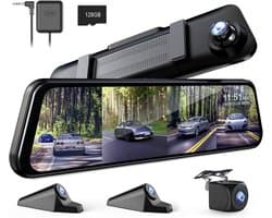 SnelShoppen - 360° 4-kanaals spiegel dashcam met losse camera's voor auto, 12 inch touchscreen, 4×FHD 1080P, nachtzicht, GPS, parkeerbewaking, 128GB g
