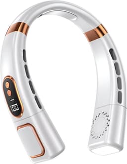 Nekventilator met digitaal display en sfeerverlichting in verschillende kleuren, 4000 mAh accu, USB-oplaadfunctie, 5 windstanden, bladloze draagbare nekventilator, luchtkoeler, persoonlijke ventilator (wit). — thumbnail 1