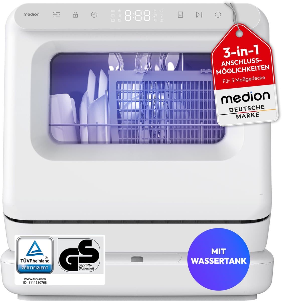 MEDION Mini Vaatwasser DWT30, 3 Couvert, Tafelvaatwasser, werkt met of zonder wateraansluiting, 6 Programma’s, UV Licht, Ventilatiedroging, Touch Display, vrijstaand, MD370022 — afbeelding 1