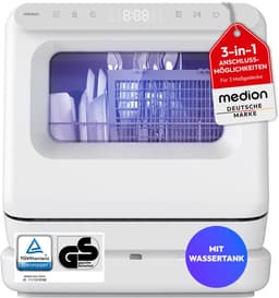 MEDION Mini Vaatwasser DWT30, 3 Couvert, Tafelvaatwasser, werkt met of zonder wateraansluiting, 6 Programma’s, UV Licht, Ventilatiedroging, Touch Display, vrijstaand, MD370022 — thumbnail 1