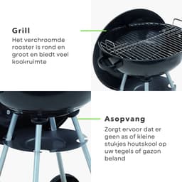 Kogelbarbecue op Wielen - Barbecue - BBQ - Kogelgrill - Houtskoolbarbecue - 46cm Diameter - 78cm Hoogte - 70cm Kookhoogte - Gepoedercoat - Verrijdbaar - Met Voorraadrek - Handgreep - Zwart - Inclusief EBOOK — thumbnail 4