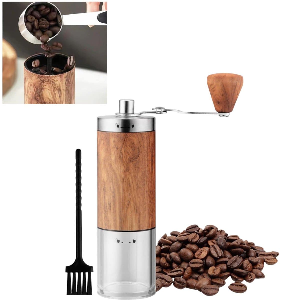 Handmatige koffiemolen - Draagbare visuele koffiezetter - Geschikt voor espresso, French press en filterkoffie - Ideaal voor thuis, op de camping en op reis - Bruin, 19 cm — afbeelding 1